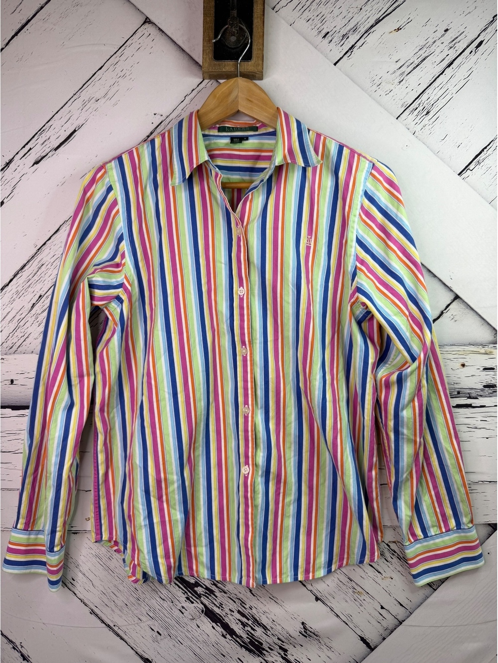 Ralph Lauren Preppy Coastal Vibrant Striped Long Sleeve Botton Up Shirt Womens M